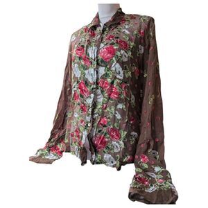 Stunning Rare Find Designer silk blend Sheer Floral Rose Mocha brown Shi…